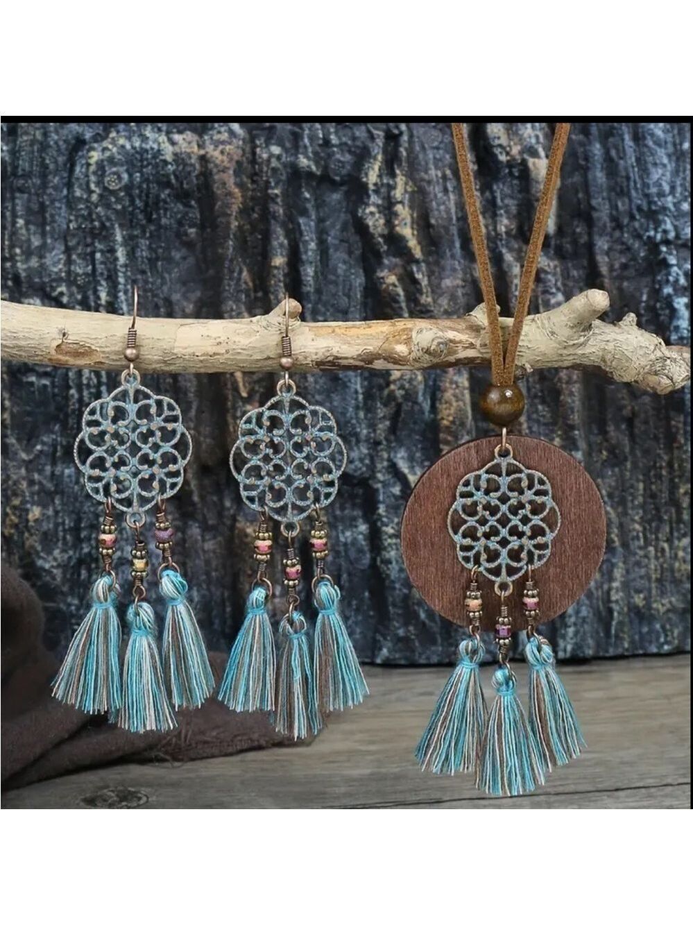 Blue and Brown Bohemian Tassel Earrings
